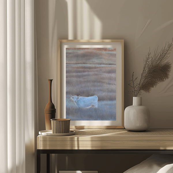 Dawn in the moors scene, cow oil painting, original landscape,