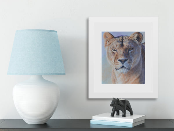 Sam Dolman Freya Lion Fine Art, White frame, in scene