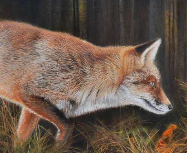 Into the woods, original oil painting, fox, close up