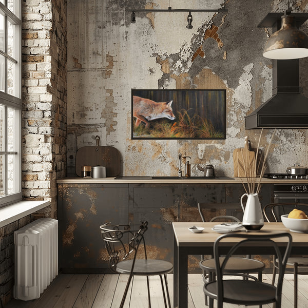 Into the woods, original oil painting, fox, full front scene, framed