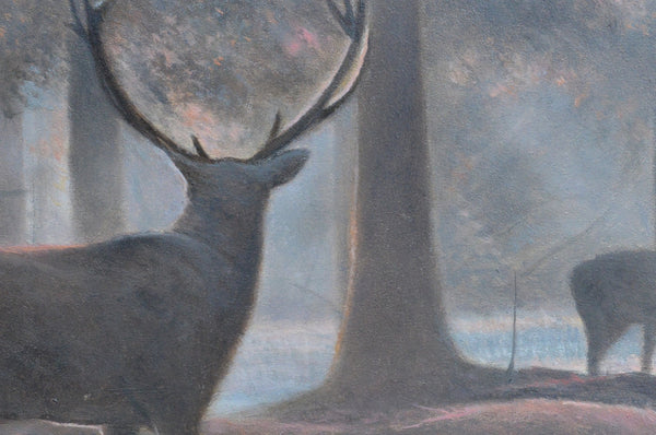 Looking out close-up, deer painting, oil on board