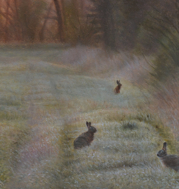 Wanderers close up, rabbit oil painting, original hare, woodland scene