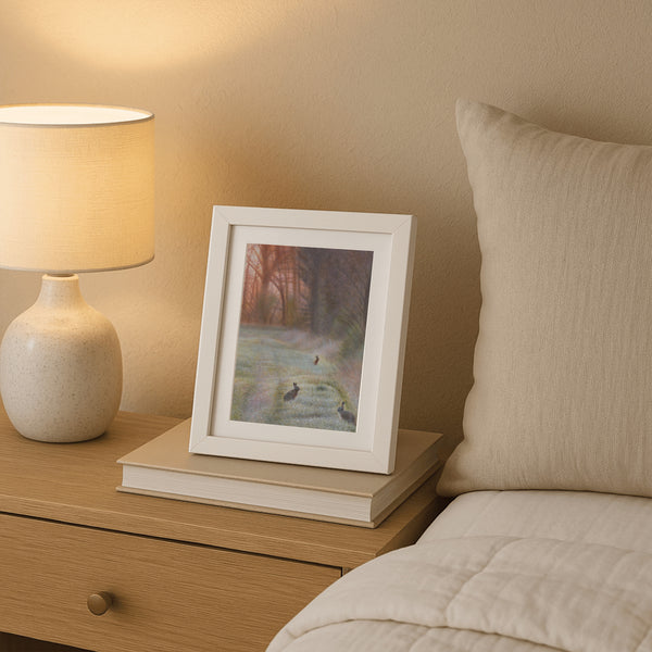 Wanderers in scene, rabbit oil painting, original hare, woodland scene